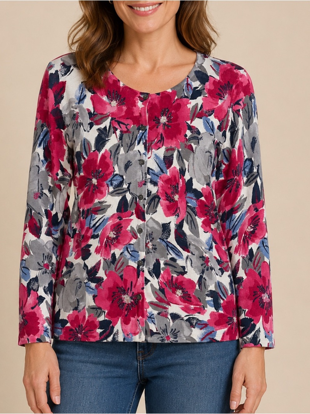 Alfred Dunner Fuchsia and Gray Floral Long-Sleeve Cardigan
